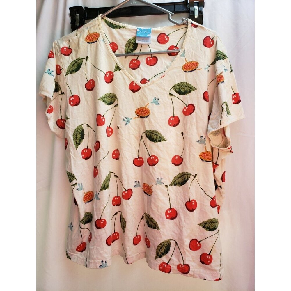 Nick & Nora Ladies Sleepwear Top XXL, Cherries TOP ONLY rare V Neck Short Sleeve